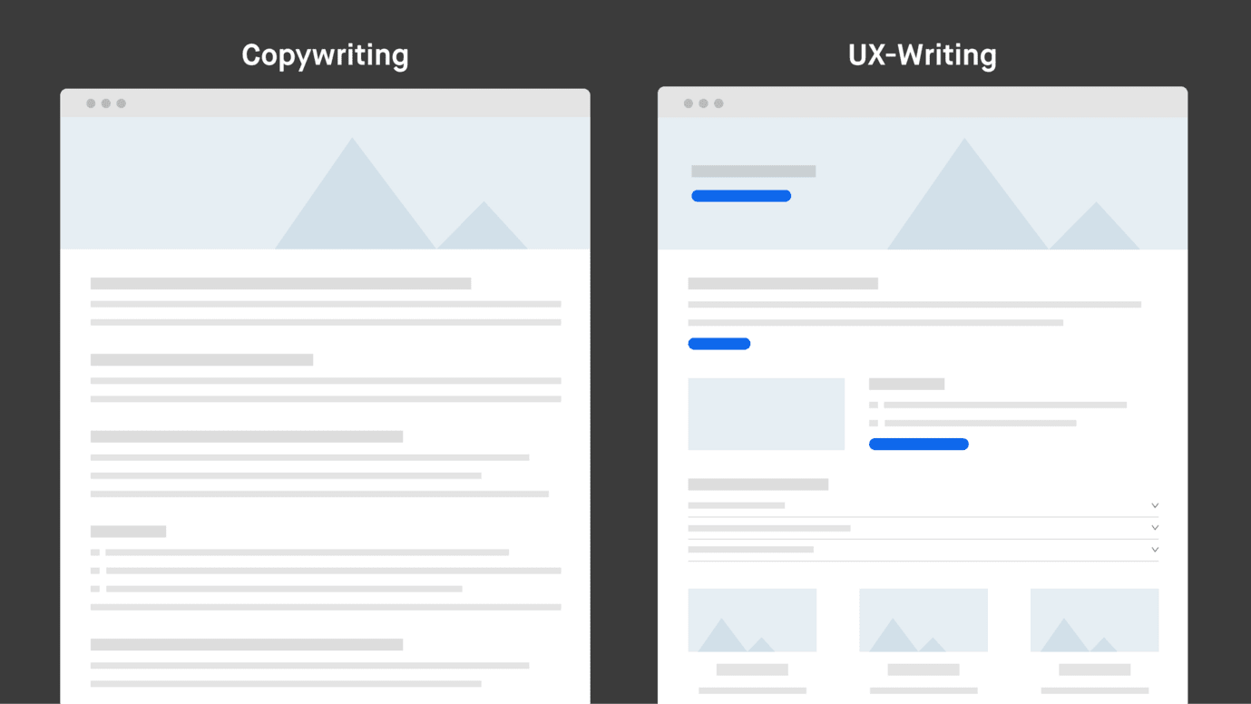 Schematische Gegenüberstellung von zwei unterschiedlich aufgebauten Webpages, die jeweils Copywriting und UX-Writing repräsentieren