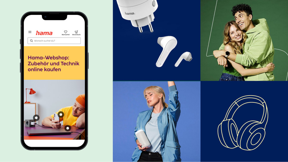 Smartphone mit einem Ausschnitt der Hama Startseite, Icons der Hama Produkte und Personen, die die Produkte halten