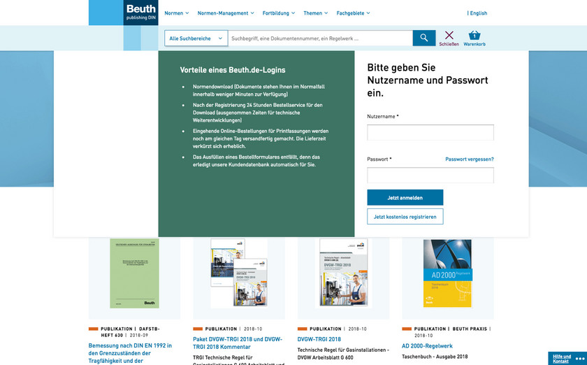 Screenshot der Beuth Startseite mit aufgeklapptem Login-Overlay als Desktop Version.