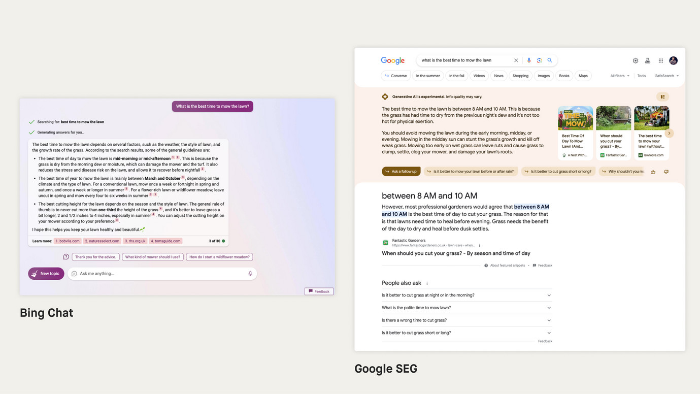 Gegenüberstellung von Screenshots: Bing Chat VS. Google SGE