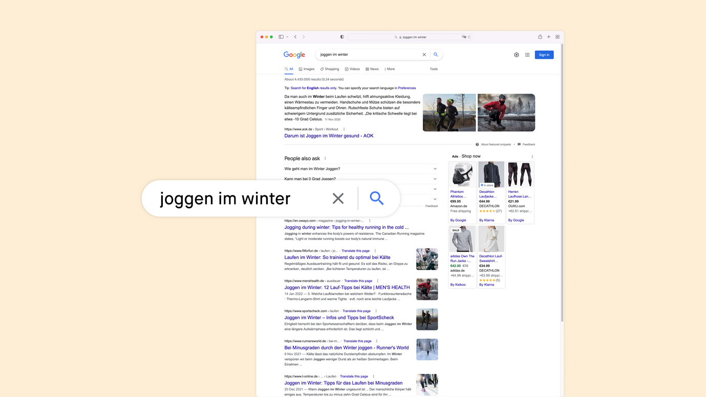 Googlesuche mit dem Begriff "joggen im winter"