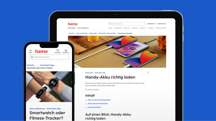 Screenshots der Hama-Website auf Tablet und Smartphone