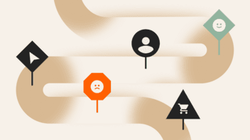 Journey Mapping illustration showing start, issues, user, shopping, and goal icons along a winding path.