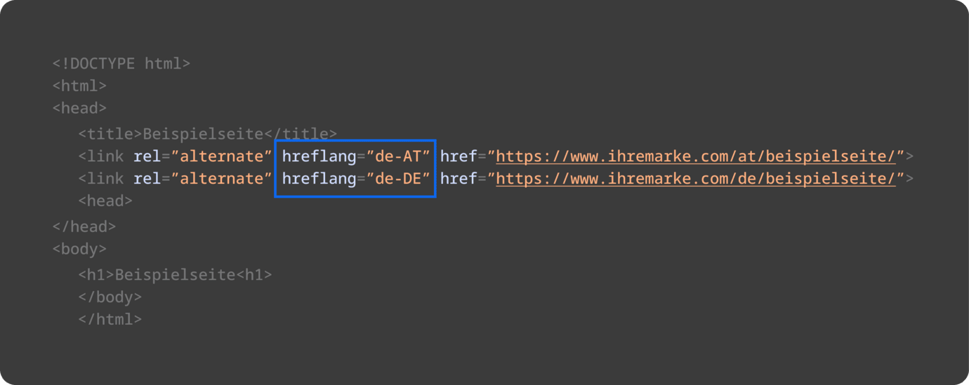 Wichtig für internationales SEO: Screenshot zeigt Implementierung von hreflang-Attribut