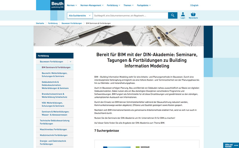 Screenshot der Beuth BIM Überssichtsseite als Desktop Version.