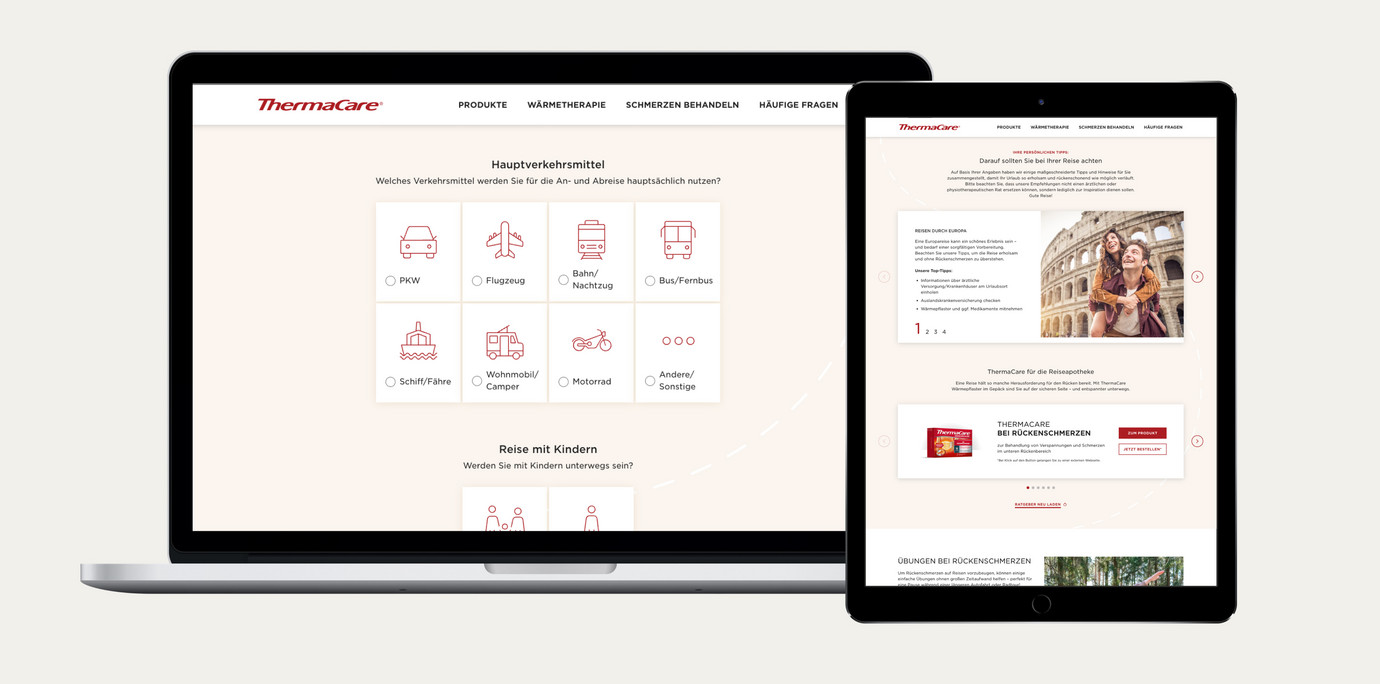 Bildschirm von MacBook und Tablet zeigt die Website von ThermaCare