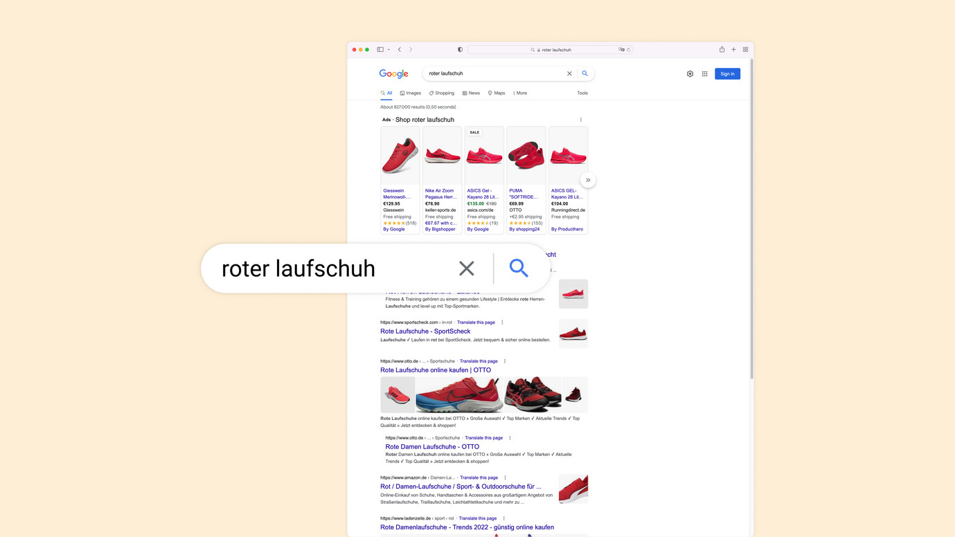 Beispiel transaktionale Keywords mit einer Google Suchergebnisseite zum Suchbegriff "roter laufschuh"