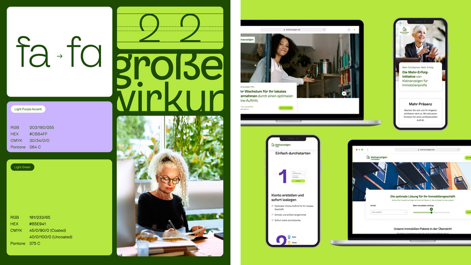 Collage zum neuen Corporate Design von Kleinanzeigen, darunter Festlegung der Farbwerte, Beispiele für Schriftschnitte und Screenshots der responsiven Website-Layouts.