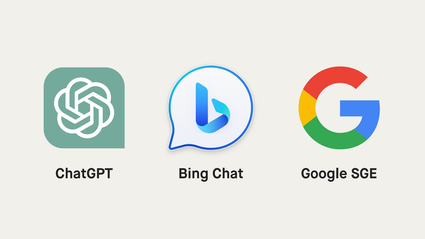 Logos der AI-Tools ChatGPT, Bing Chat und Google SGE
