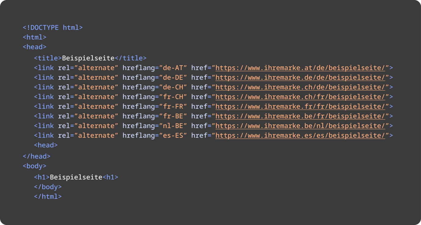 Wichtig für internationales SEO: Screenshot zeigt eine lange Liste von hreflang-Tags im HTML-Code