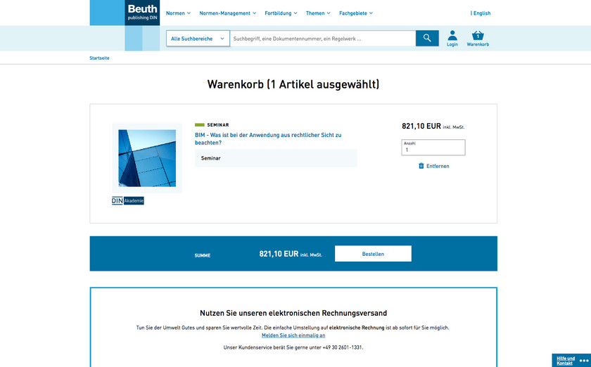 Screenshot der Beuth Warenkorb Seite mit einem ausgewählten Seminar als Desktop Version.