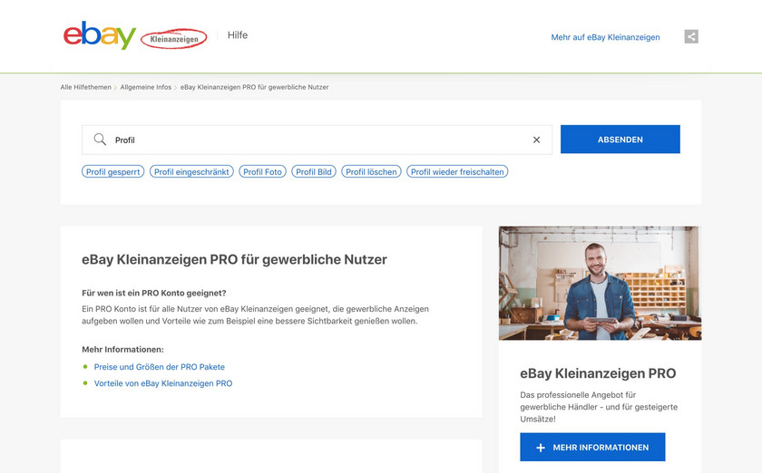 Desktop Darstellung eines eBay Hilfeseiten Artikels.