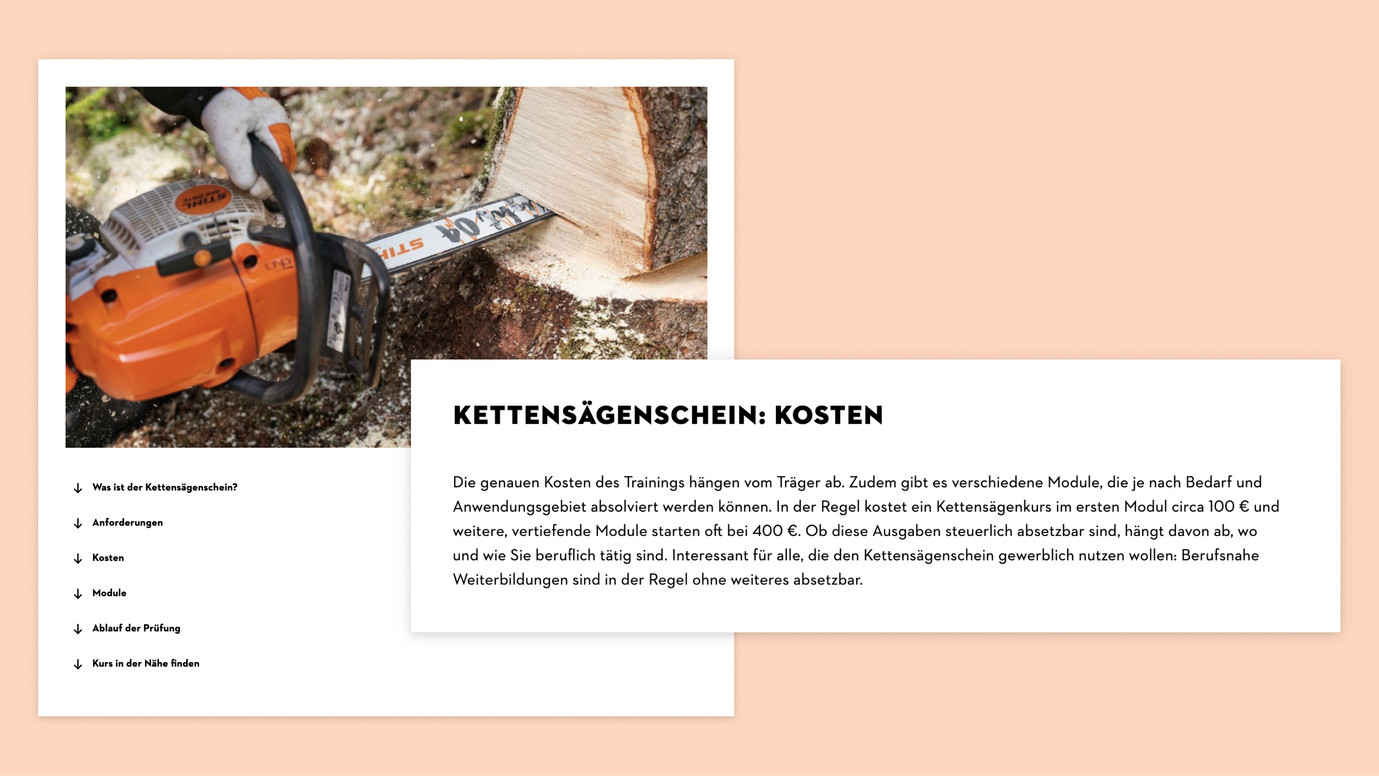 Stihl Artikel zu "Kettensägenschein: Kosten" mit der Navigation