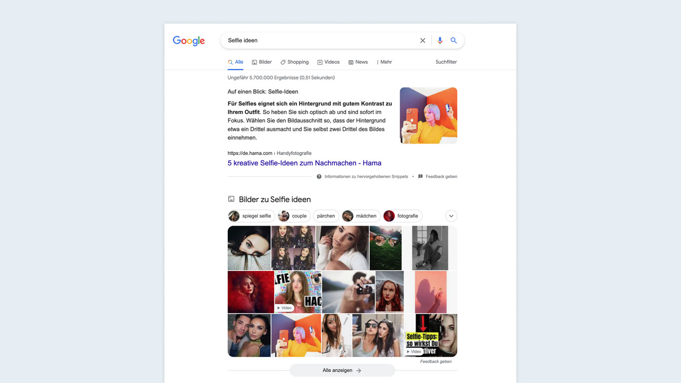 Google Suchergebnisse für den Suchbegriff "Selfie ideen". Website von hama als erstes Ergebnis.