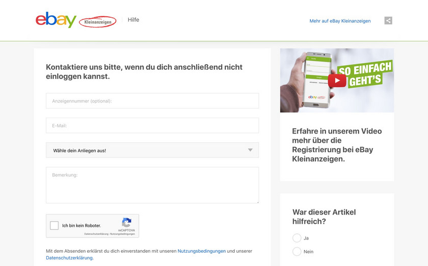 Desktop Darstellung eines eBay Hilfeseiten Artikels.