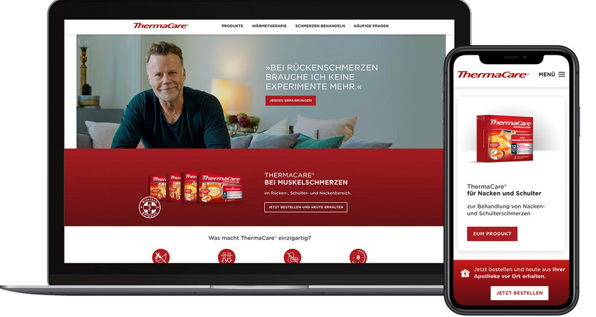 Homepage of the Thermacare website on Macbook and Mobile