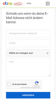 Mobile Kontaktformular der eBay Kleinanzeigen Hilfeseiten.