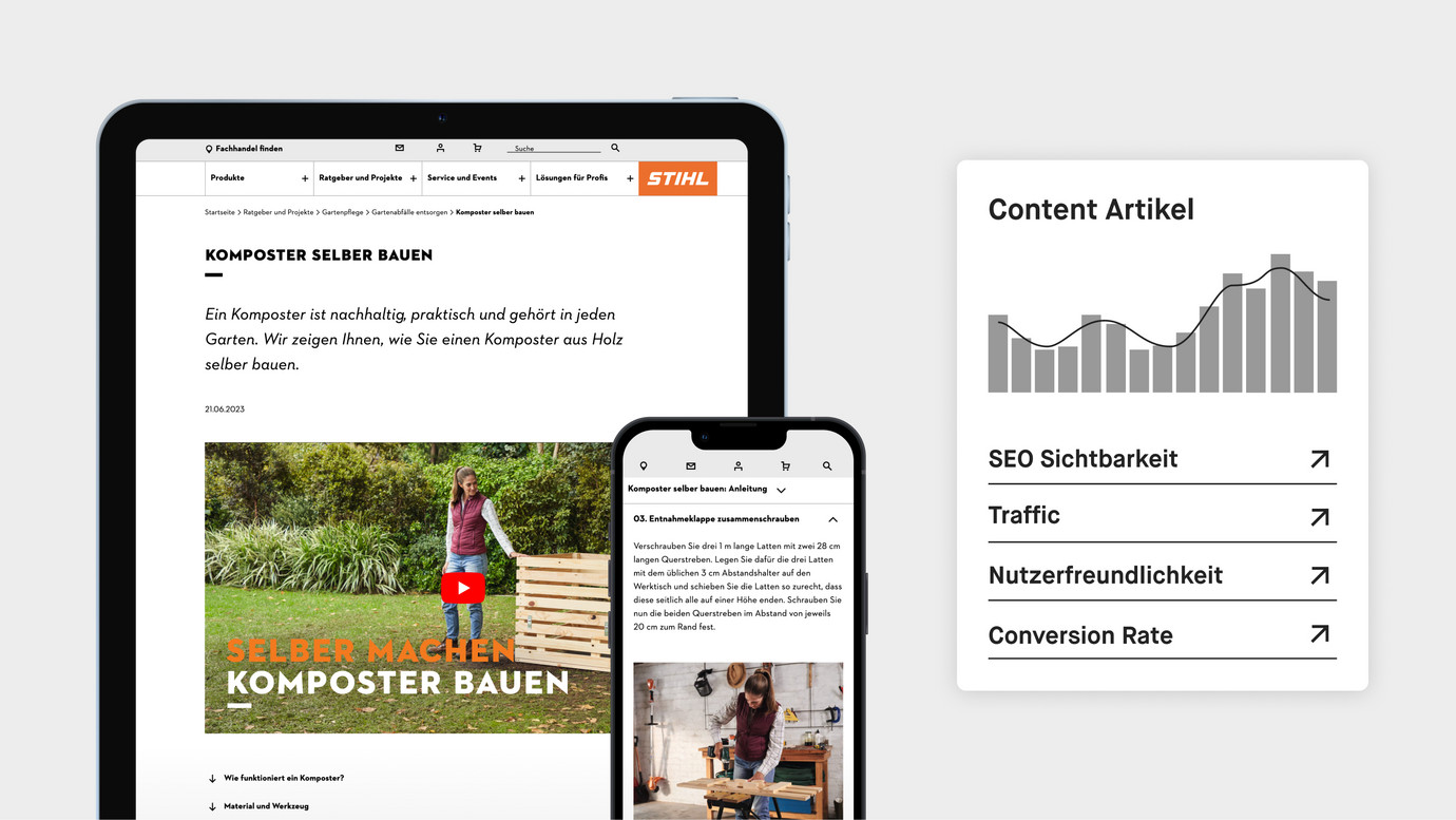 Tablet und Smartphone mit darauf geöffneten STIHL DIY-Artikeln, daneben ein Säulendiagramm, das die Optimierung der Content-Artikel zeigt