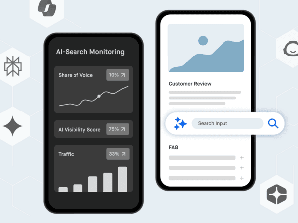 Visualizing AI-driven search on platforms like Microsoft Copilot, Perplexity AI, and Jasper. Key metrics such as 'Share of Voice,' 'AI Visibility Score,' and 'Traffic' are highlighted, along with the impact of customer reviews and FAQs on search results