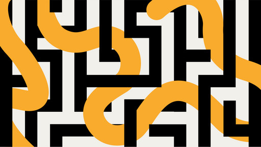 Grafische Darstellung eines Labyrinth, durch dass sich ein orangener Strang zieht