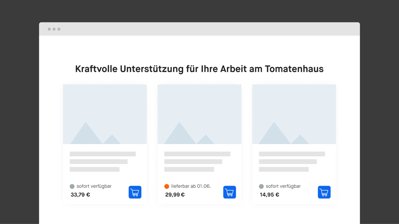 Detailaufnahme eines Produkt-Grids mit drei Produktkacheln und einer motivierenden Überschrift