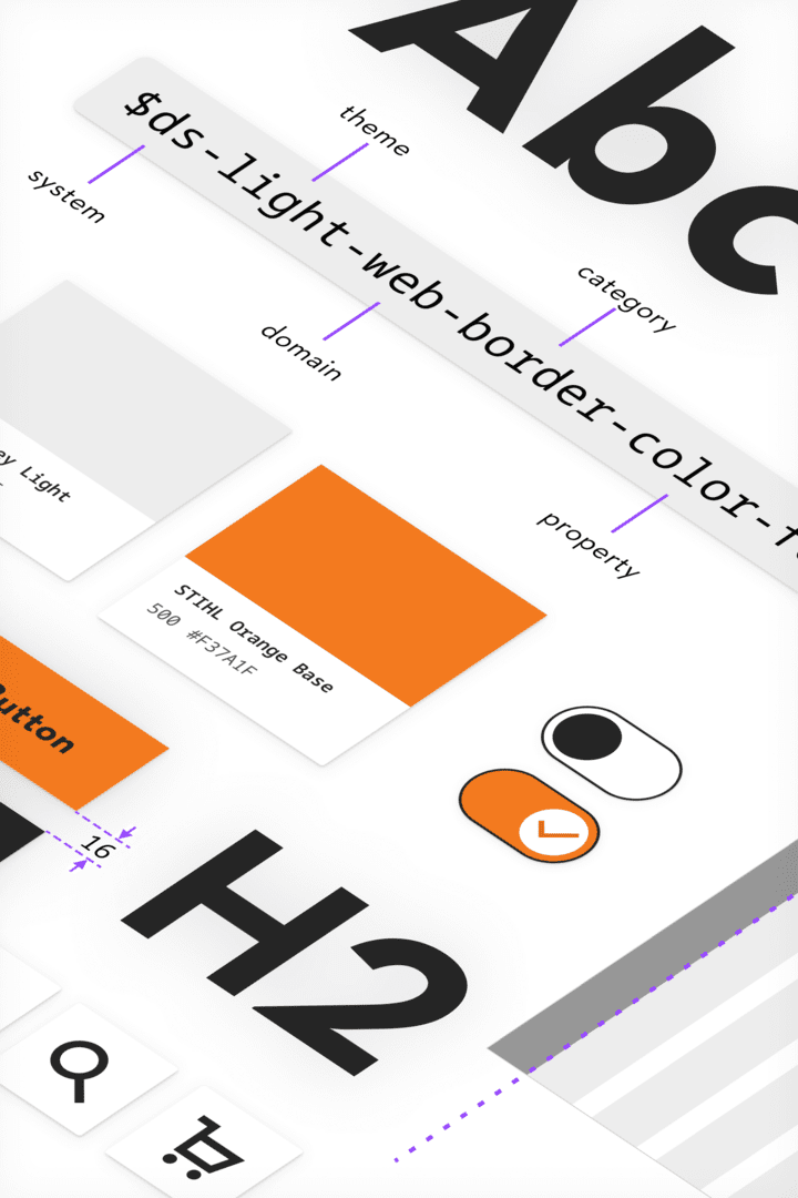 Collage mit Elementen eines Design Systems, u.a. Farbssystem, Core Components, Grid System