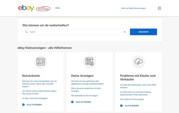 Desktop Startseite der eBay Kleinanzeigen Hilfeseiten.
