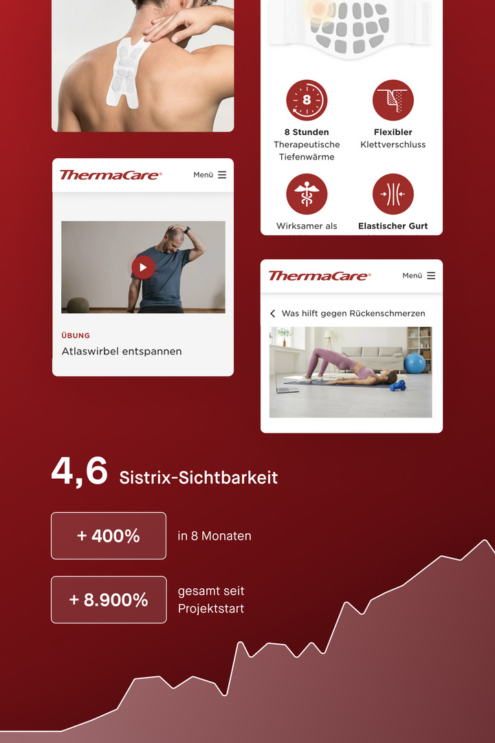 Abbildung von Wärmepflaster auf einem Rücken und USP-Icons zusammen mit Angaben zum Sichtbarkeitsindex der ThermaCare-Website