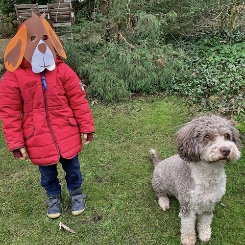 Kind mit aufgesetzter Hundmaske und ein Hund stehen auf einer Wiese
